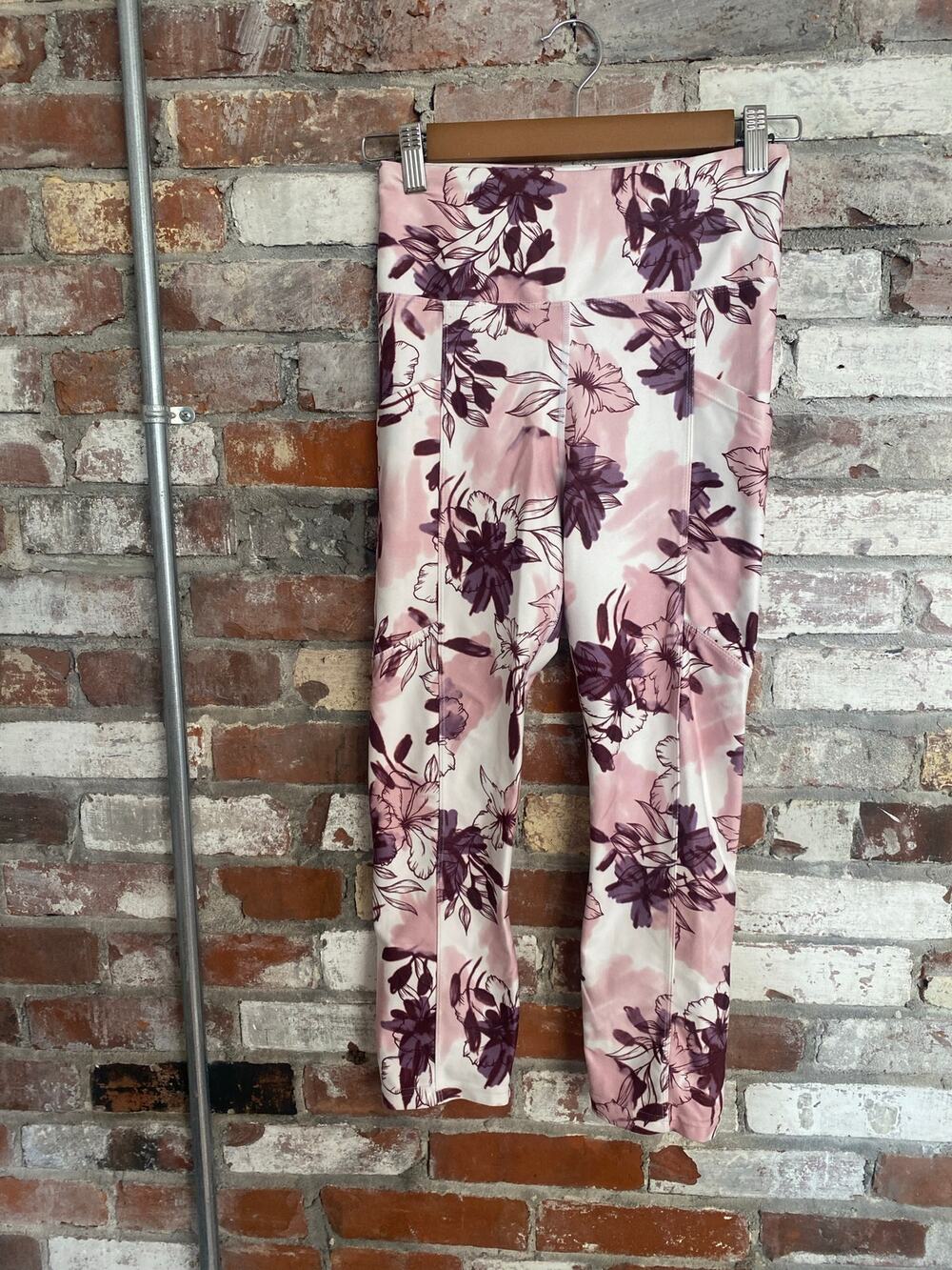 High Waist Floral Athletic Leggings Pink & Purple Floral Print Side Pockets S